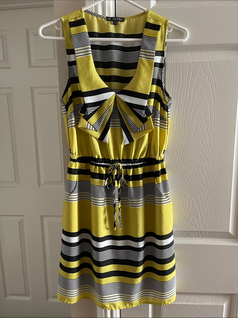 BeBop Yellow Black White Striped Bow-Front Mini Dress with 2 pockets on the side